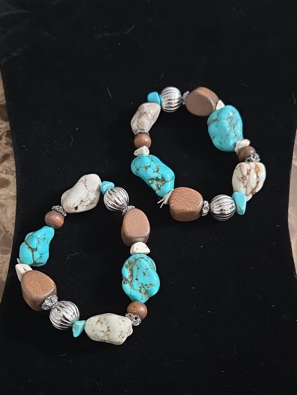 Turquoise & Cream Beaded Stretch Bracelet Set